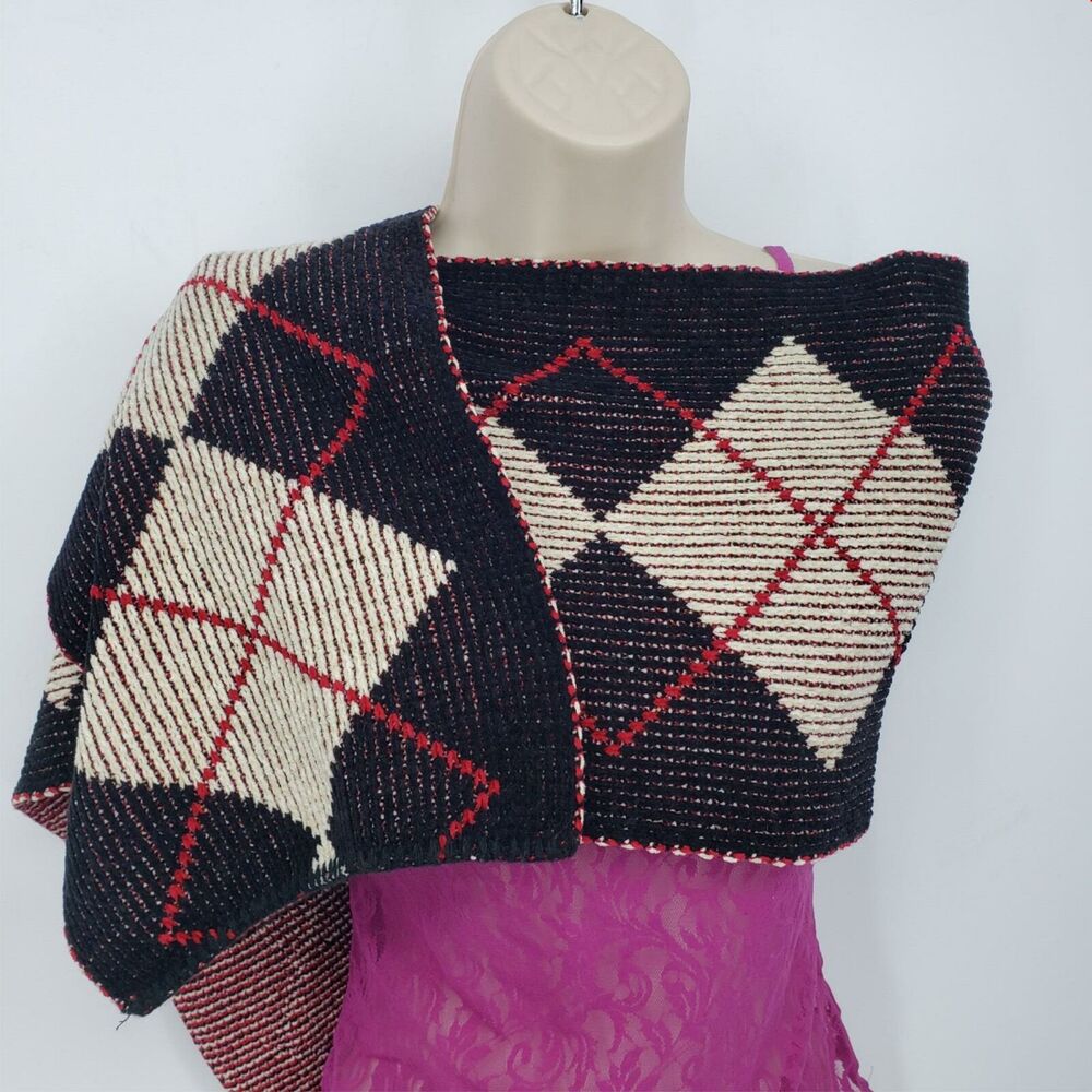 Vintage Winter Chenille Scarf Black Red White 10.5" x 63" Acrylic Warm USA